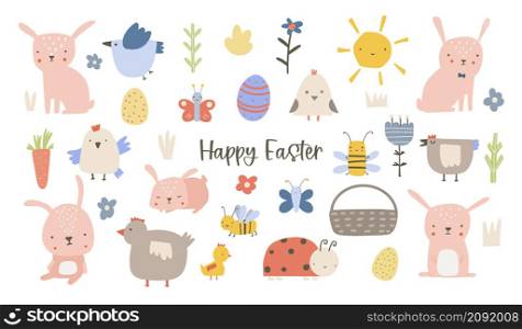 Easter set. Collection of cute animals, birds and insects, blooming flowers and floral decorations, isolated on white background. Bright colored vector illustration in flat cartoon style.. Easter set. Collection of cute animals, birds and insects, blooming flowers and floral decorations, isolated on white background. Bright colored vector illustration in flat cartoon style