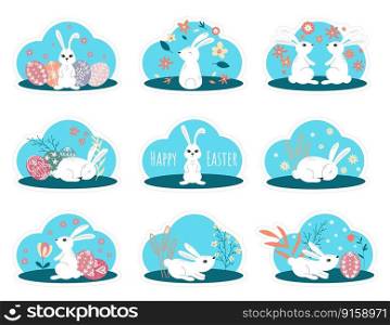 Easter set of stickers with bunnies. Cute rabbits, easter eggs, herbs and flowers baby illustration. Flat design. Print and cut, vector. Easter stickers set with bunnies