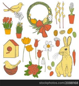 Easter set. Vector illustration.. Easter Bunny with flowers. Vector illustration.
