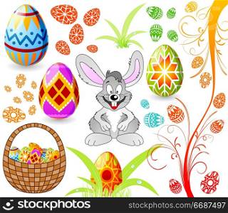 Easter set with eggs, rabbit and basket