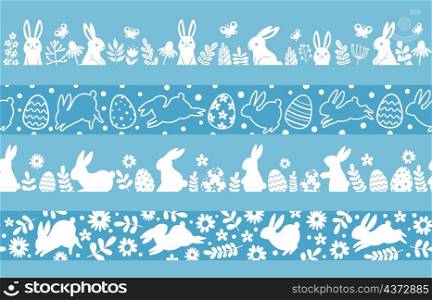 Easter silhouette borders with bunny, eggs and flowers. Spring meadow ornament for traditional easter decoration. Rabbit vector patterns set. Spring easter bunny pattern border illustration. Easter silhouette borders with bunny, eggs and flowers. Spring meadow ornament for traditional easter decoration. Rabbit vector patterns set