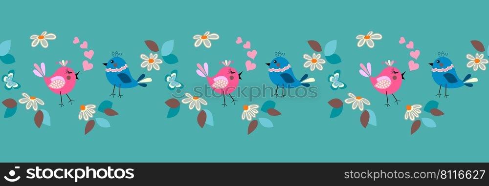 Easter, springtime day seamless border pattern with small daisy, butterfly and cute love birds