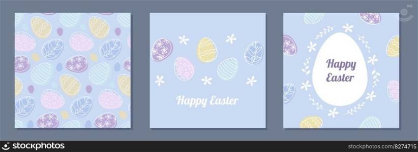 Easter square backgrounds set. Ornate eggs and floral pattern, border and frame design collection in pastel color shades. Holiday vector illustration.
