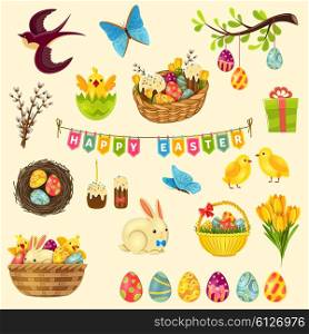 Easter Symbols Set. Easter cartoon symbols set with eggs chicken and cake isolated vector illustration