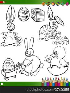 Easter Themes Collection Set of Black and White Cartoon Illustrations with Bunnies and Chicken for Coloring Book
