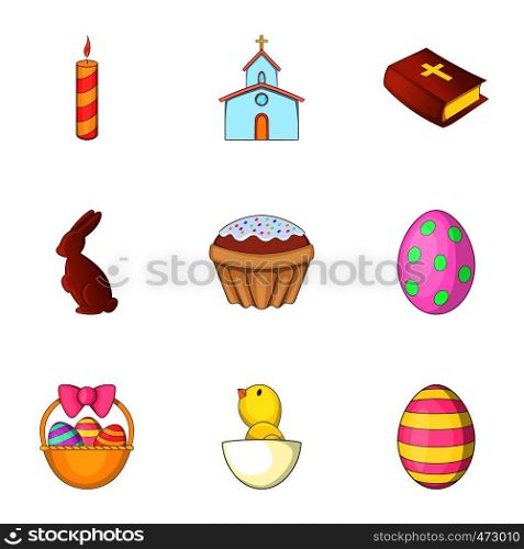 Easter time icons set. Cartoon set of 9 easter time vector icons for web isolated on white background. Easter time icons set, cartoon style