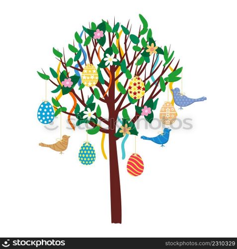 Easter Tree decorated colored eggs, birds, ribbons. Vector illstration isolated. Easter Tree decorated colored eggs, birds, ribbons. Vector illstration