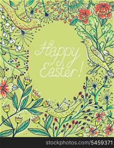 Easter vector floral background with blooming flowers and plants