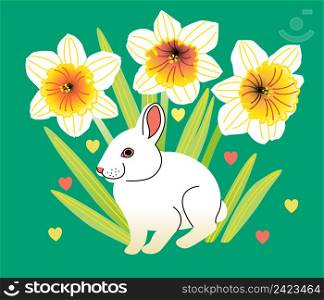 Easter vector illustration with a rabbit among blooming daffodils