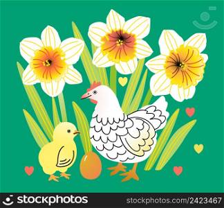 Easter vector illustration with hen, egg and chick among blooming daffodils