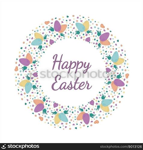 Easter wreath. Colored eggs and heart. Doodle vector illustration. Happy Easter lettering. Design for card, bunner, cover, books, brochures, fabric, papers, notebook, fabric, scrapbooking.. Easter wreath. Colored eggs and heart. Doodle vector illustration. Happy Easter lettering.
