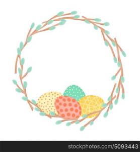 Easter wreath made of willow branches and painted eggs. Festive frame in vector. Easter wreath made of willow branches and painted eggs. Festive frame in vector.