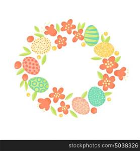 Easter wreath of flowers and painted eggs. Festive frame in vector. Easter wreath of flowers and painted eggs. Festive frame in vector.