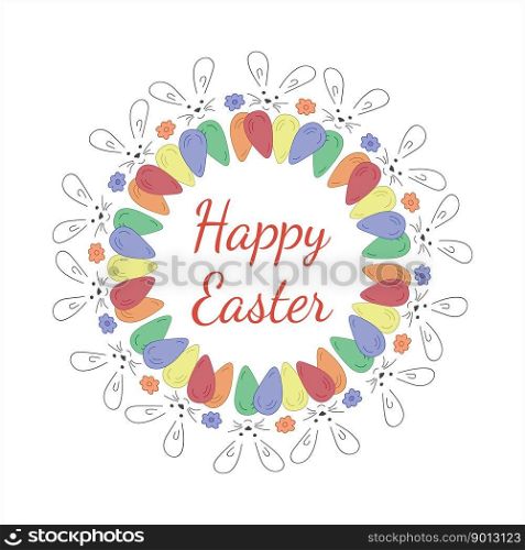 Easter wreath. Rabbit, flowers, eggs. Doodle vector illustration. Happy Easter lettering. Design for card, bunner, cover, books, brochures, fabric, papers, notebook, fabric, scrapbooking.. Easter wreath. Rabbit, flowers, eggs. Doodle vector illustration. Happy Easter lettering.