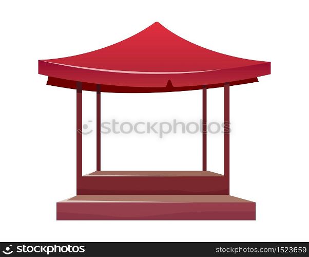 Eastern bazaar empty red tent cartoon vector illustration. Blank summer fair, marketplace counter with tent and table flat color object. Souk vitrine with awning, kiosk isolated on white