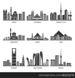 Eastern Cityscapes Landmarks Black Icons Collection. Eastern capitals famous cityscapes with modern buildings and historical landmarks black icons set abstract isolated vector illustration