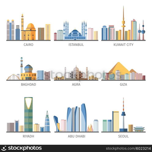 Eastern Cityscapes Landmarks Flat Icons Collection. Eastern capitals cityscapes unique architecture with modern and historical landmarks flat icons collection abstract isolated vector illustration