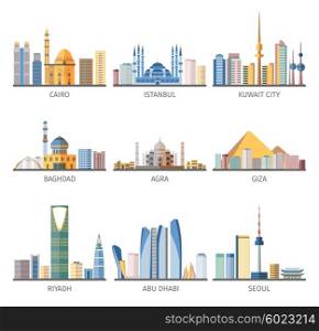 Eastern Cityscapes Landmarks Flat Icons Collection. Eastern capitals cityscapes unique architecture with modern and historical landmarks flat icons collection abstract isolated vector illustration