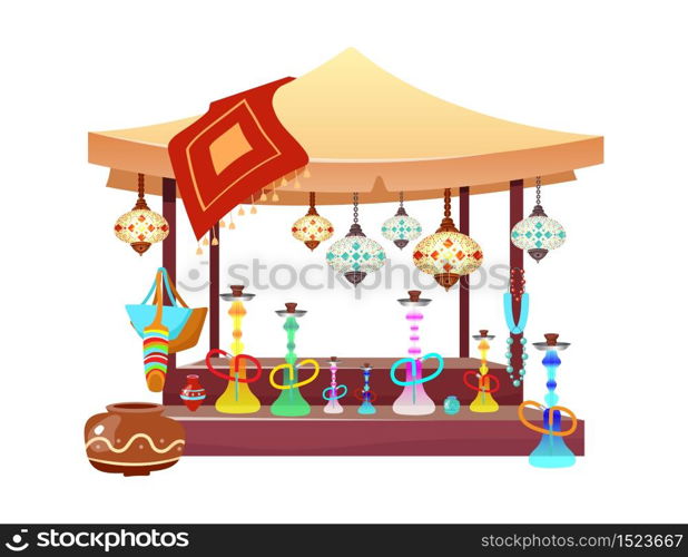 Eastern market tent with hookahs cartoon illustration. Oriental bazaar awning with shisha, handmade accessories and souvenirs flat color object. Egypt, Istanbul marketplace stall isolated on white