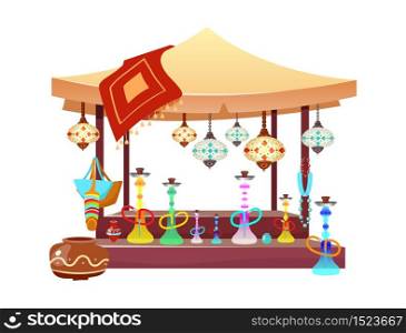 Eastern market tent with hookahs cartoon illustration. Oriental bazaar awning with shisha, handmade accessories and souvenirs flat color object. Egypt, Istanbul marketplace stall isolated on white