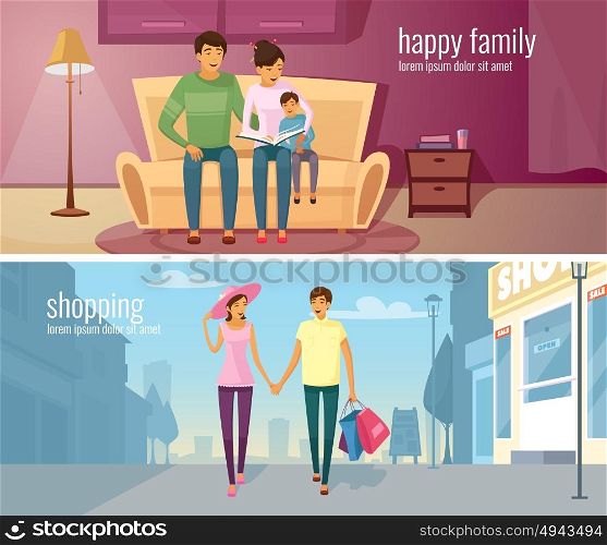 Eastern People Horizontal Banners. Eastern people two horizontal banners with young couple in modern home interior and outdoor at urban background vector cartoon illustration