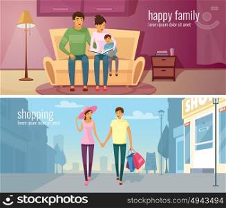 Eastern People Horizontal Banners. Eastern people two horizontal banners with young couple in modern home interior and outdoor at urban background vector cartoon illustration