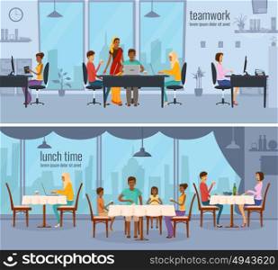 Eastern People Horizontal Compositions. Two horizontal compositions with eastern people from different ethnic groups working in office and sitting in cafe flat vector illustration