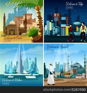 Eastern Touristic Cityscapes. Set of flat tourist cards with eastern cityscapes isolated vector illustration