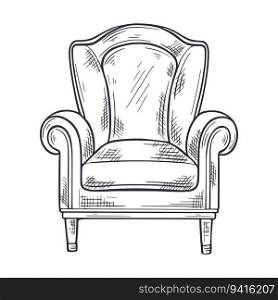 Easy chair hand engraved. Ink sketch piece of home furniture. Interior chair, isolated vector illustration. Easy chair hand engraved image