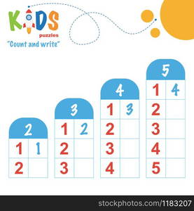 Easy colorful math count and write worksheet practice for preschool and elementary school kids.