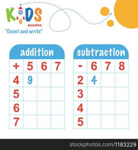 Easy colorful math count and write worksheet practice for preschool and elementary school kids.