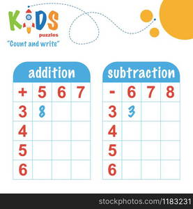 Easy colorful math count and write worksheet practice for preschool and elementary school kids.