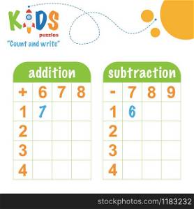 Easy colorful math count and write worksheet practice for preschool and elementary school kids.