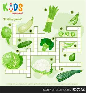 "Easy crossword puzzle "Healthy greens", for children in elementary and middle school. Fun way to practice language comprehension and expand vocabulary. Includes answers."