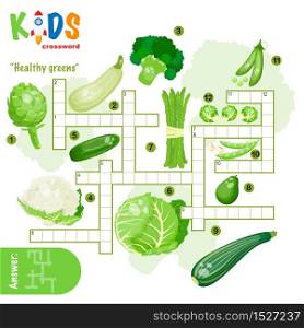 "Easy crossword puzzle "Healthy greens", for children in elementary and middle school. Fun way to practice language comprehension and expand vocabulary. Includes answers."