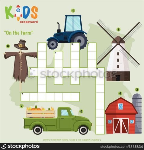 "Easy crossword puzzle "On the farm", for children in elementary and middle school. Fun way to practice language comprehension and expand vocabulary. Includes answers."