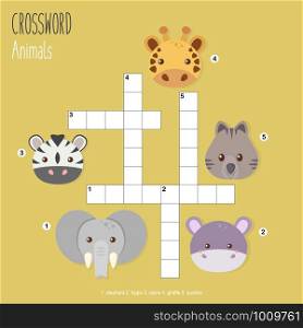 Easy crossword puzzle &rsquo;Animals&rsquo;, for children in elementary and middle school. Fun way to practice language comprehension and expand vocabulary. Includes answers. Vector illustration.