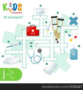 Easy crossword puzzle &rsquo;At the hospital&rsquo;, for children in elementary and middle school. Fun way to practice language comprehension and expand vocabulary. Includes answers.