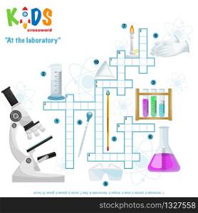 Easy crossword puzzle &rsquo;At the laboratory&rsquo;, for children in elementary and middle school. Fun way to practice language comprehension and expand vocabulary. Includes answers.