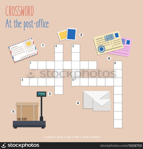 Easy crossword puzzle &rsquo;At the post-office&rsquo;, for children in elementary and middle school. Fun way to practice language comprehension and expand vocabulary. Includes answers. Vector illustration.