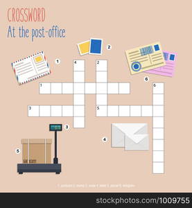 Easy crossword puzzle &rsquo;At the post-office&rsquo;, for children in elementary and middle school. Fun way to practice language comprehension and expand vocabulary. Includes answers. Vector illustration.