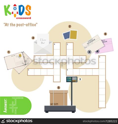 Easy crossword puzzle &rsquo;At the post-office&rsquo;, for children in elementary and middle school. Fun way to practice language comprehension and expand vocabulary. Includes answers.