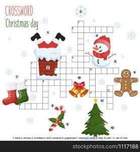 Easy crossword puzzle &rsquo;Christmas day&rsquo;, for children in elementary and middle school. Fun way to practice language comprehension and expand vocabulary.Includes answers. Vector illustration.