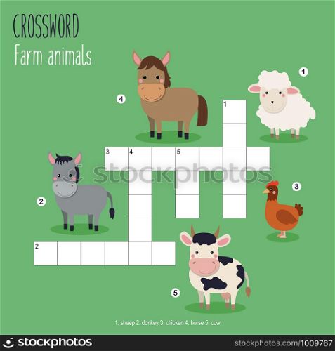 Easy crossword puzzle &rsquo;Farm animals&rsquo;, for children in elementary and middle school. Fun way to practice language comprehension and expand vocabulary. Includes answers. Vector illustration.