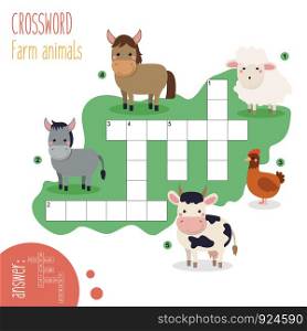 Easy crossword puzzle 'Farm animals', for children in elementary and middle school. Fun way to practice language comprehension and expand vocabulary.Includes answers. Vector illustration.