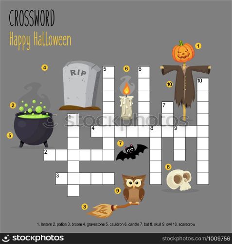 Easy crossword puzzle &rsquo;Happy Halloween, for children in elementary and middle school. Fun way to practice language comprehension and expand vocabulary. Includes answers. Vector illustration.