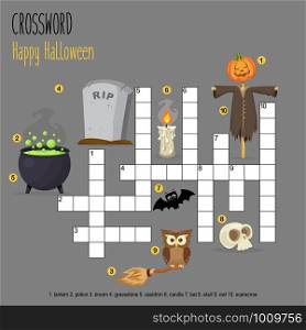 Easy crossword puzzle &rsquo;Happy Halloween, for children in elementary and middle school. Fun way to practice language comprehension and expand vocabulary. Includes answers. Vector illustration.