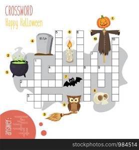 Easy crossword puzzle 'Happy halloween', for children in elementary and middle school. Fun way to practice language comprehension and expand vocabulary. Includes answers. Vector illustration.
