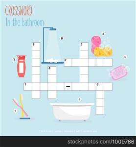 Easy crossword puzzle &rsquo;In the bathroom&rsquo;, for children in elementary and middle school. Fun way to practice language comprehension and expand vocabulary. Includes answers. Vector illustration.