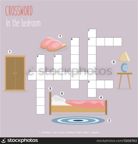 Easy crossword puzzle &rsquo;In the bedroom&rsquo;, for children in elementary and middle school. Fun way to practice language comprehension and expand vocabulary. Includes answers. Vector illustration.